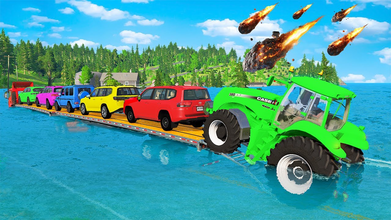 Triple Flatbed Trailer McQueen Transportation with Truck - Speedbumps vs Cars Flooded - BeamNG #5