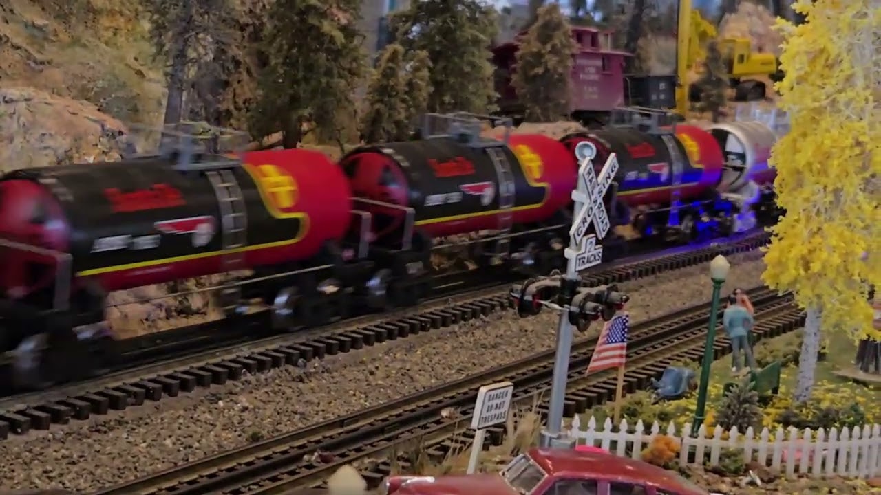 Santa Fe Tank Train.  Pulling Menards Santa Fe tank cars, both war bonnet and black bonnet tank cars