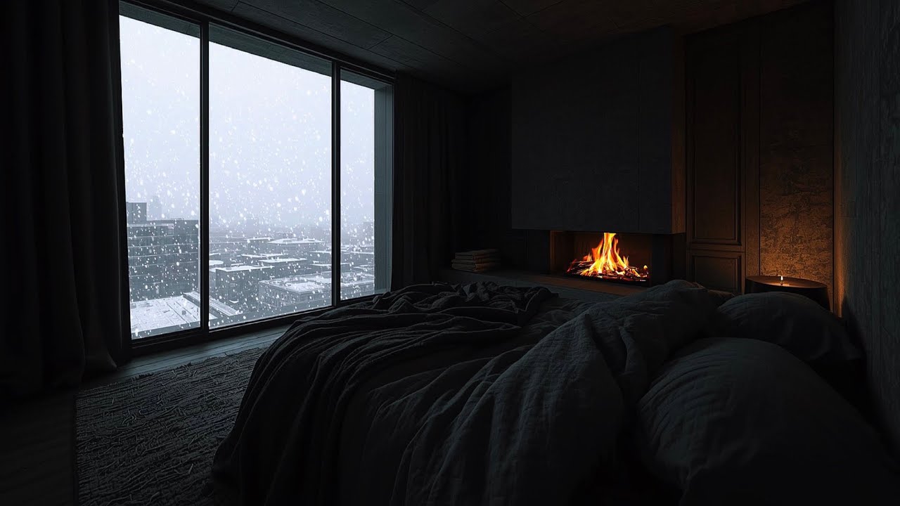 Cozy Winter Bedroom Ambience - Heavy Snowstorm & Crackling Fireplace Sounds for Deep Sleep | 2 Hours
