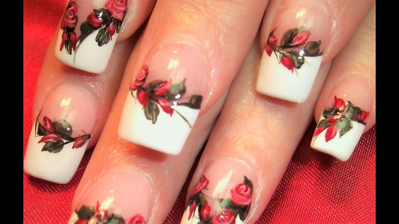 Red Rose Nails | Classis Hand Painted Roses Nail Art Design Tutorial