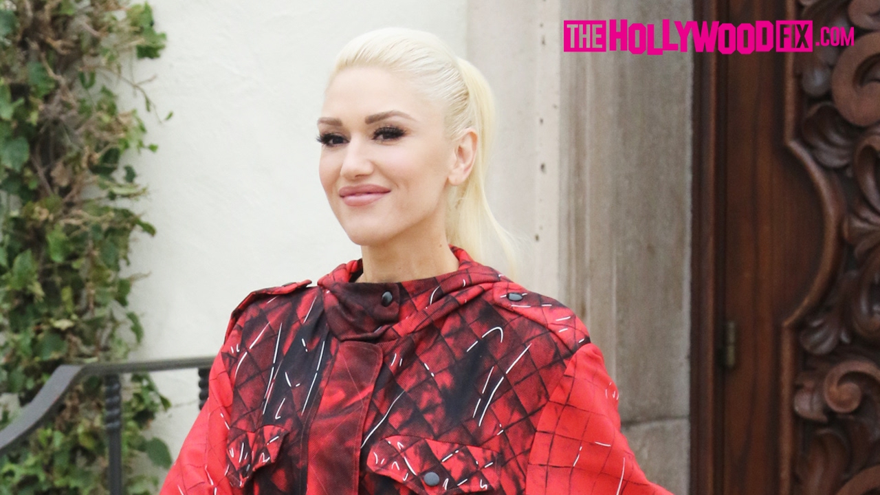 Gwen Stefani Looks Stunning In All Red While Leaving Church With Her Kids & Father 2.5.17