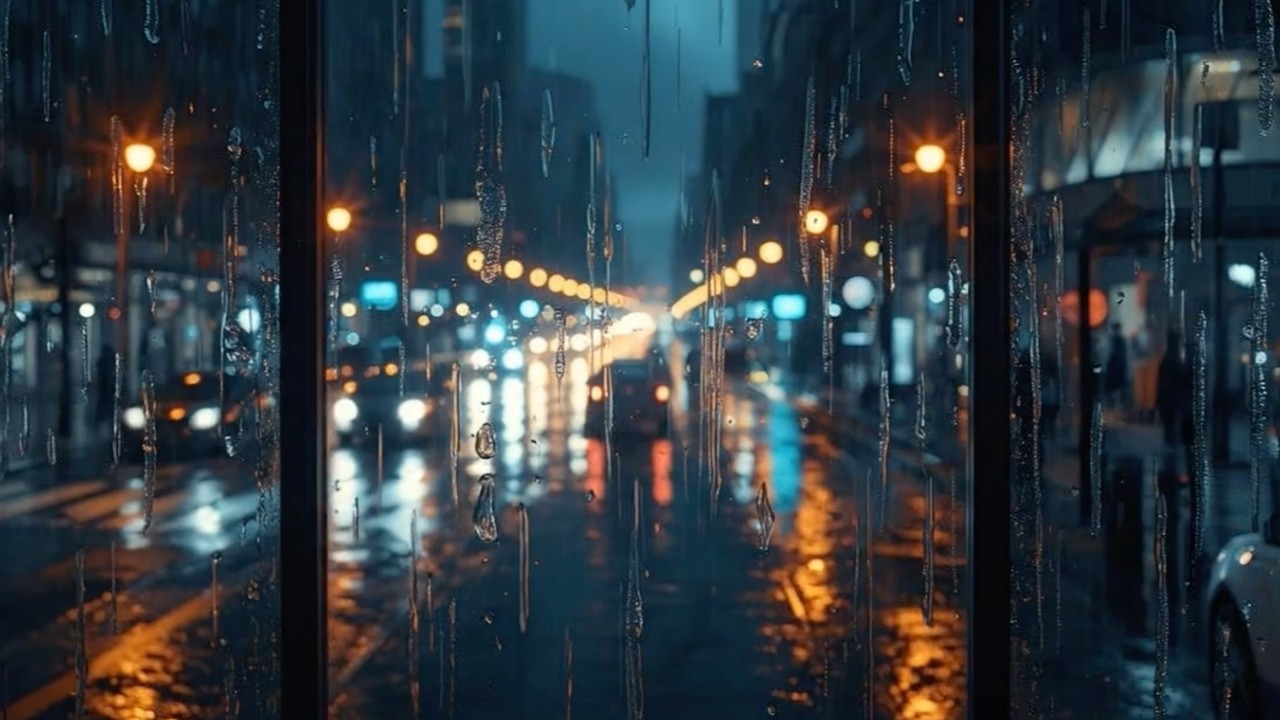 Rainy City Night Window View in 4K | Cozy Urban Ambience for TV