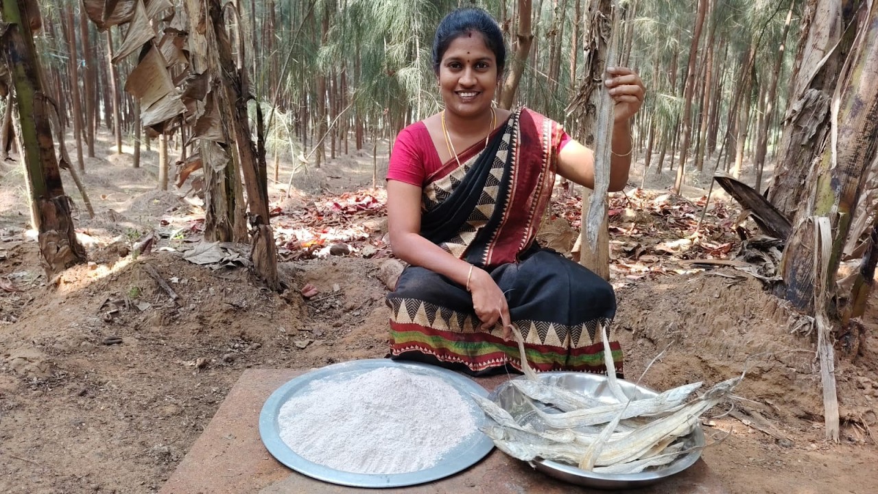 கேப்பங்களி கருவாட்டு  குழம்பு 😋 | Ragi Kali and Dry Fish Curry Village Style