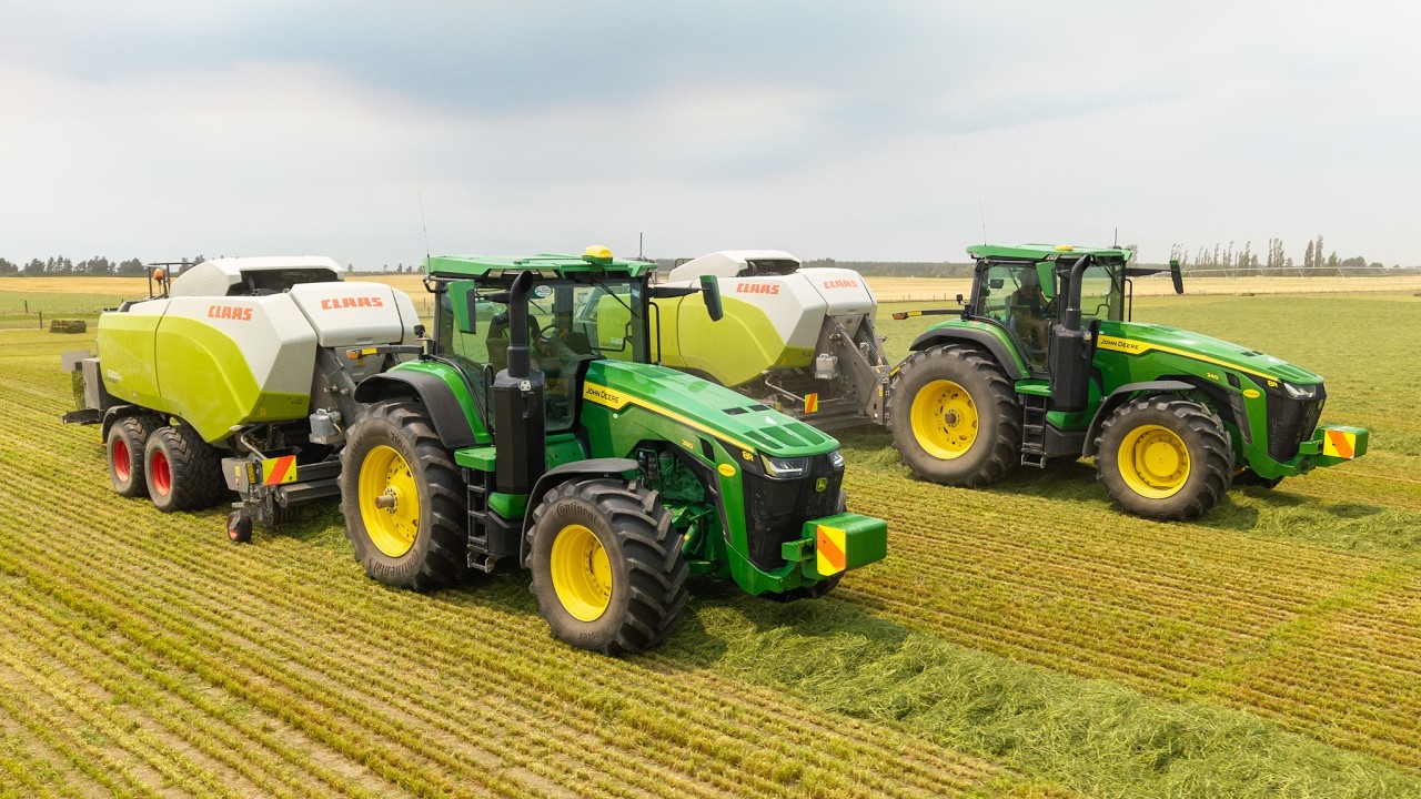 2X John Deere 8R Tractors Baling Grass Silage