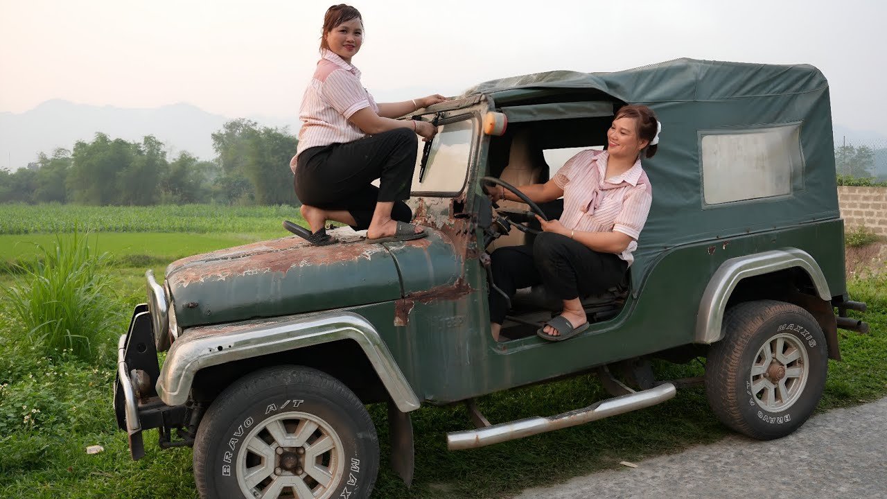 The girl repaired and restored an old JEEP CJ car for her neighbor.