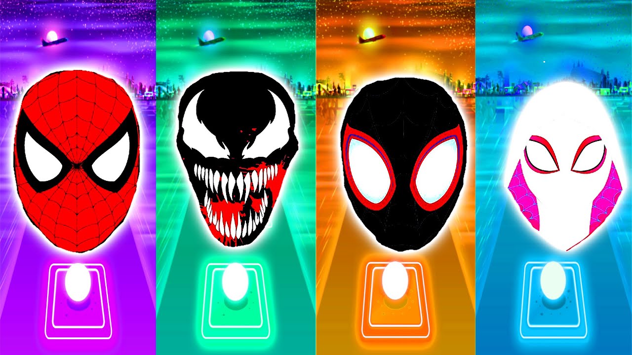 Spiderman Mask VS Venom Face VS Miles Morales Mask VS Gwen Stacy Mask | Tiles Hop EDM Rush