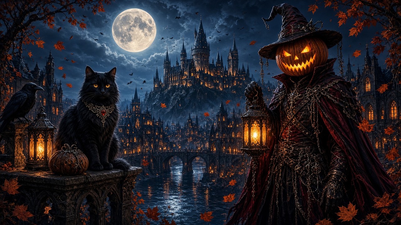 Relaxing Halloween Ambience 🎃 Cozy Haunted Town in a Autumn Night 👻 Spooky Sounds & Halloween Music