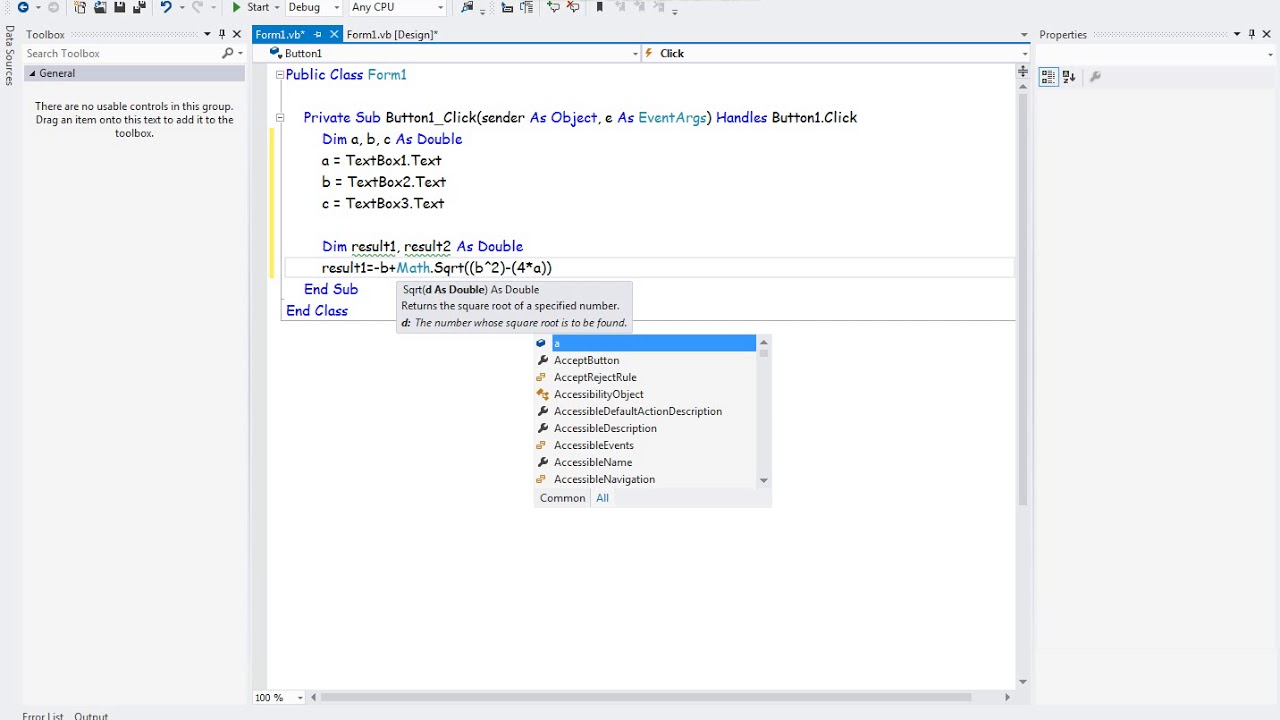 Quadratic Equation In VB.net