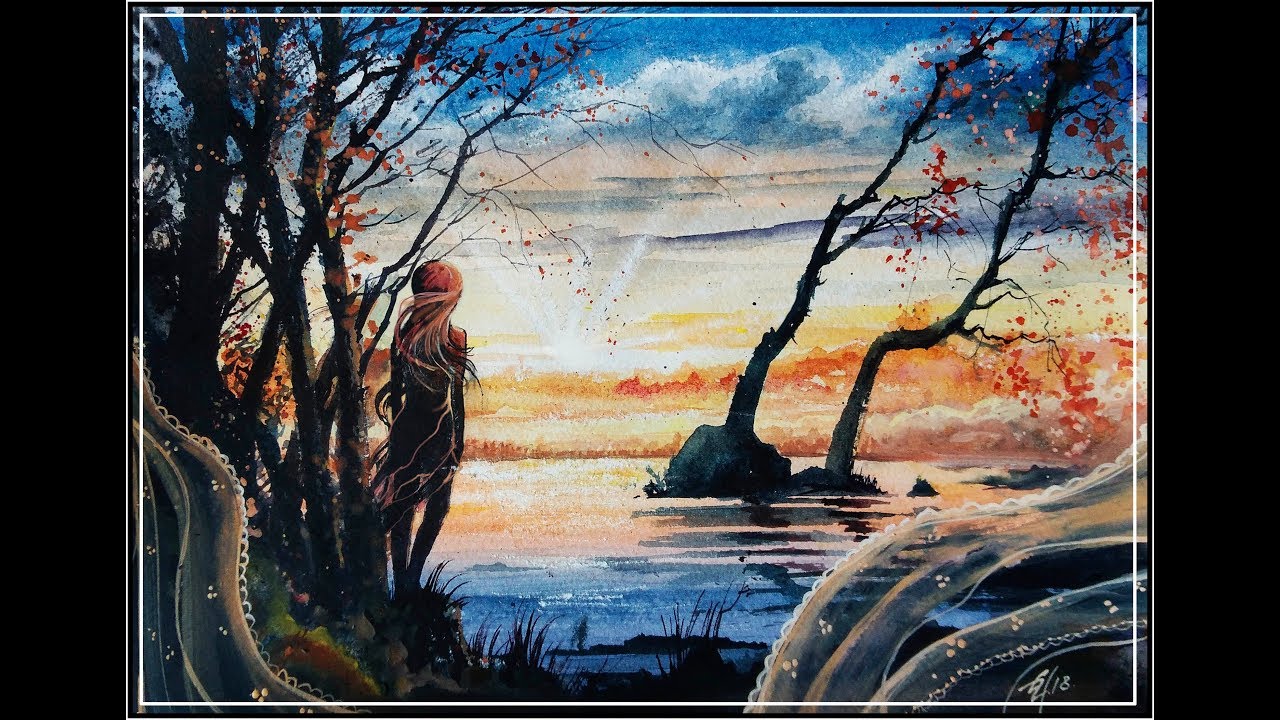 Акварельный реализм. Рисунок Закат и фантазия