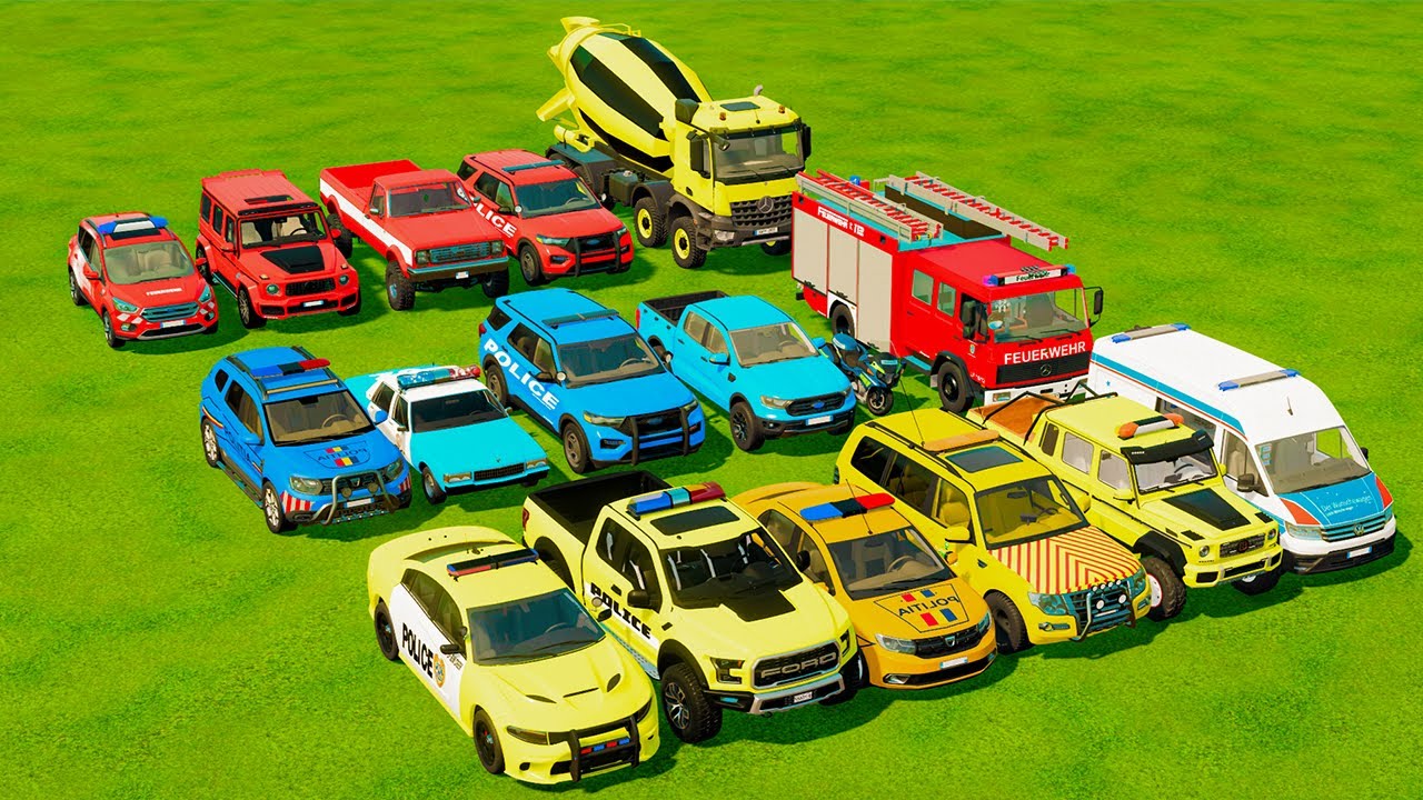TRANSPORTING POLICE CARS, AMBULANCE, FIRE TRUCK & COLORFUL CARS WITH TRUCK | FARMING SIMULATOR 22