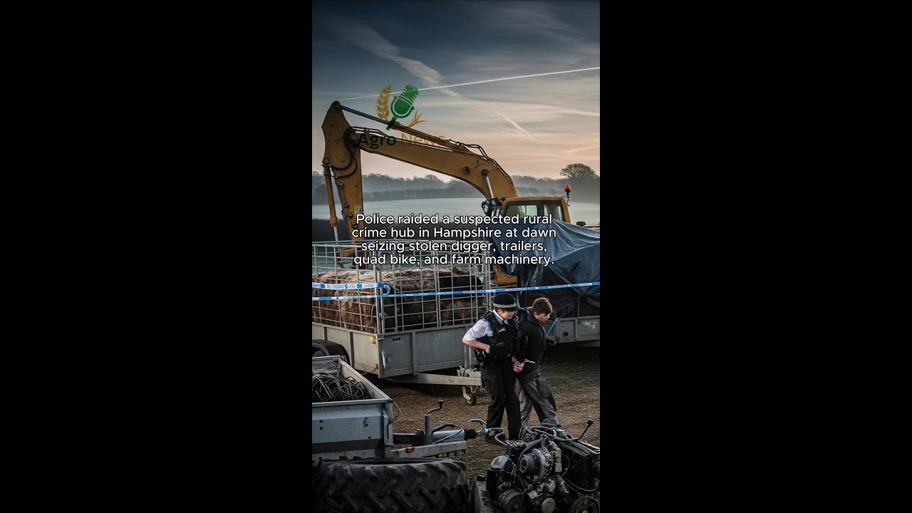 Police raided a suspected rural crime hub in Hampshire at dawn seizing stolen digger, trailers, quad