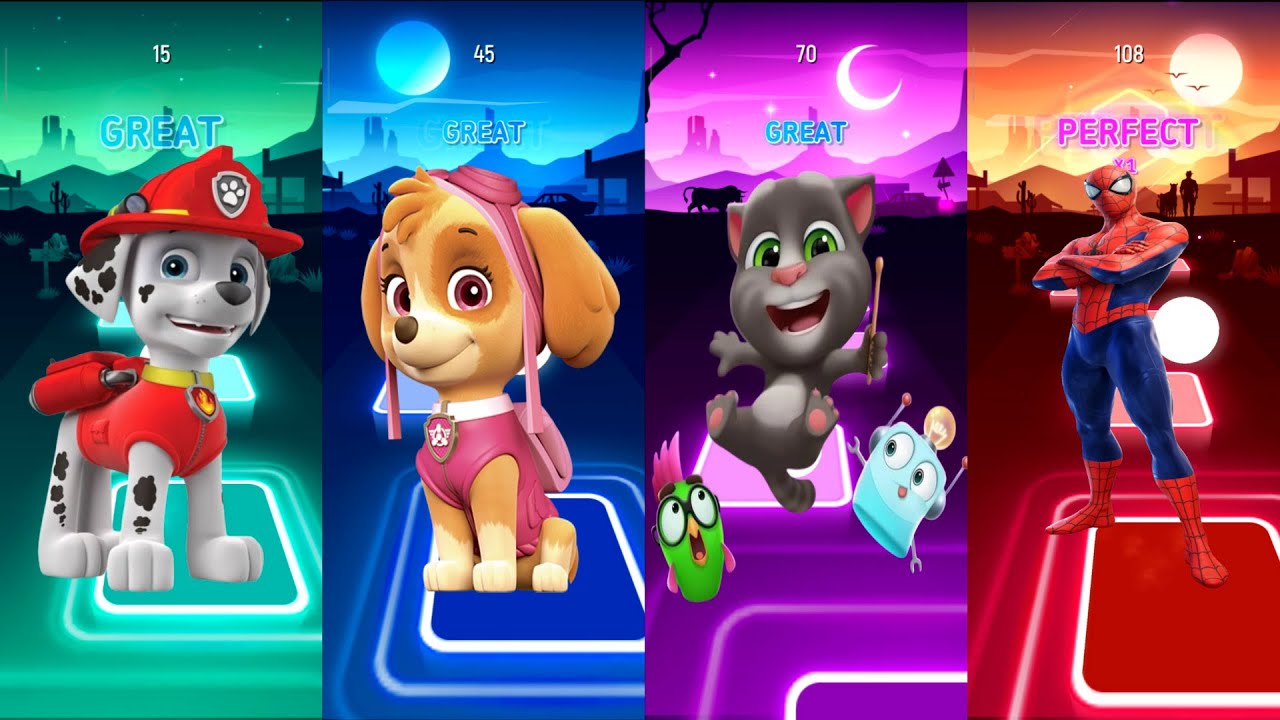 “Paw Patrol vs Talking Tom vs Spiderman – Music Tiles Challenge!”