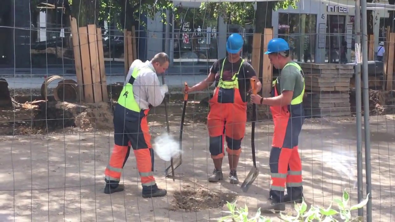 Pajuokauti sumanę Laisvės alėją rekonstruojantys darbininkai, pateko į kadrą