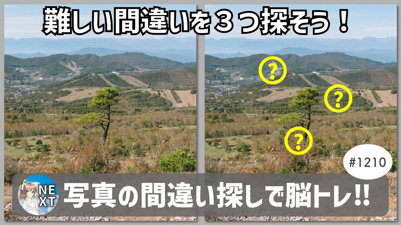 『間違い探し』写真で脳トレ！ #1210 「秋の菅平牧場」「透き通る水面」「光る夜の工場」【高難易度】｜Find the difference game in photos