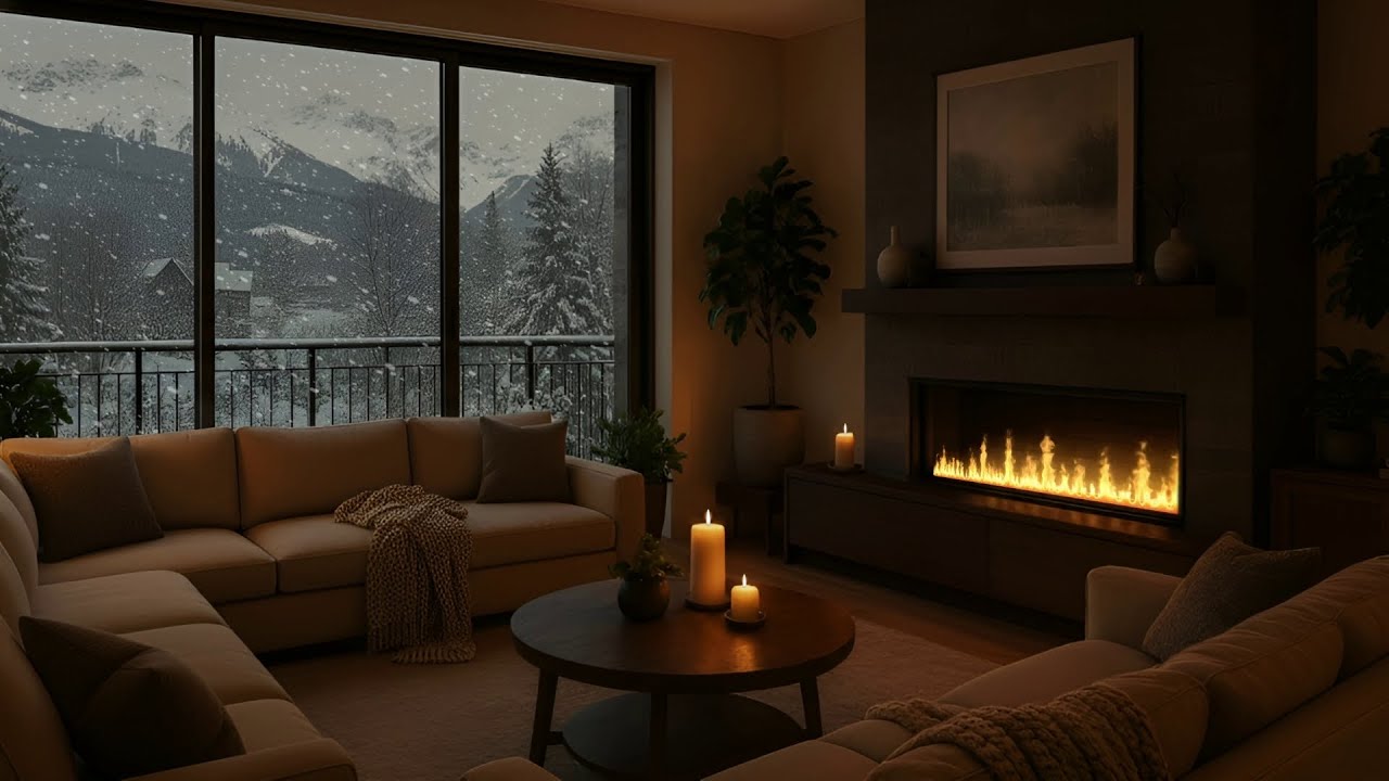 The Most Relaxing 4K Snowy Night: 8 Hours Deep Sleep Fireplace & Mountain View Blizzard Ambience 🏔️