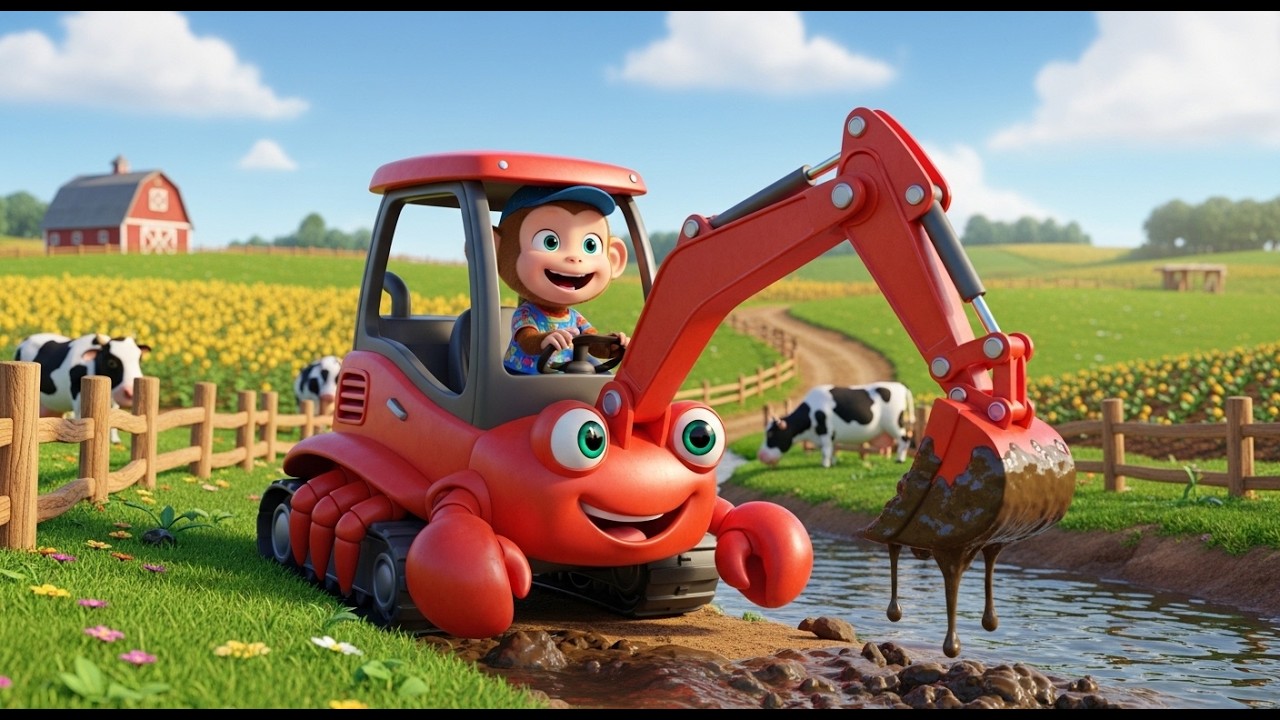 Monkey Funny | Saving the Stream with a Crab Excavator! Cute Monkey Cartoon Learning Adventure 🐒🏗️💧