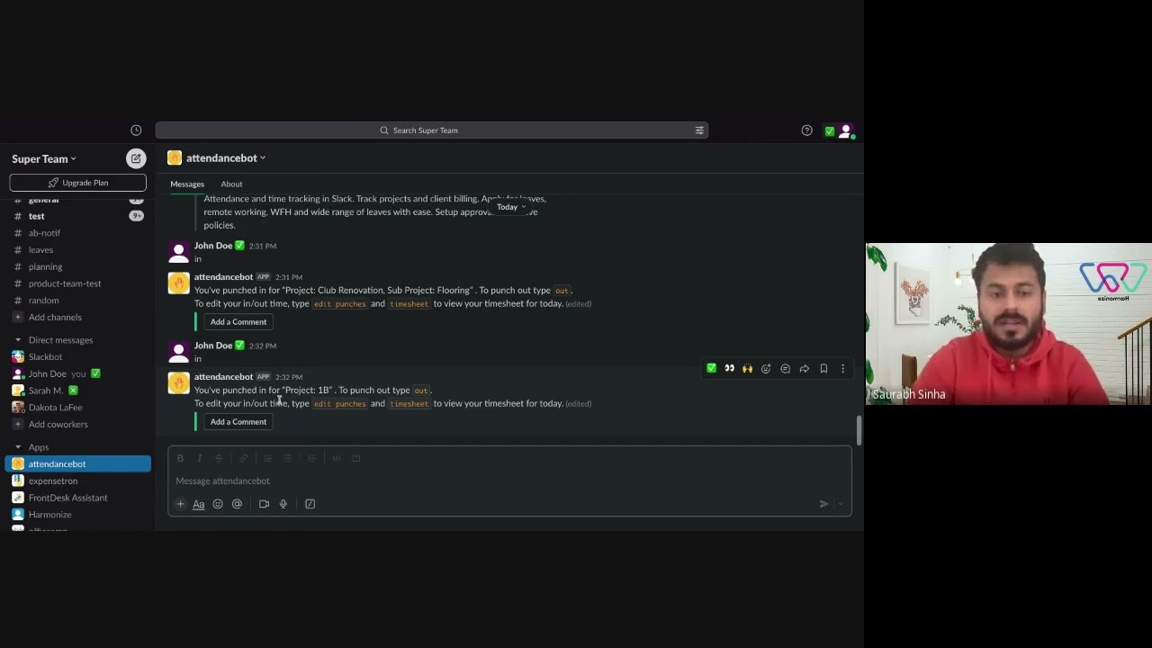 AttendanceBot | tracking project, task, and client time with Slack