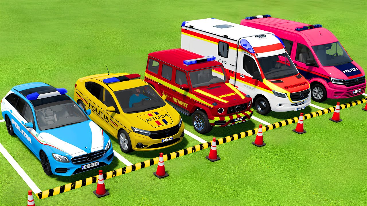 TRANSPORTING ALL POLICE CARS and AMBULANCE EMERGENCY VEHICLES WITH MAN TRUCKS ! Farming Simulator 22