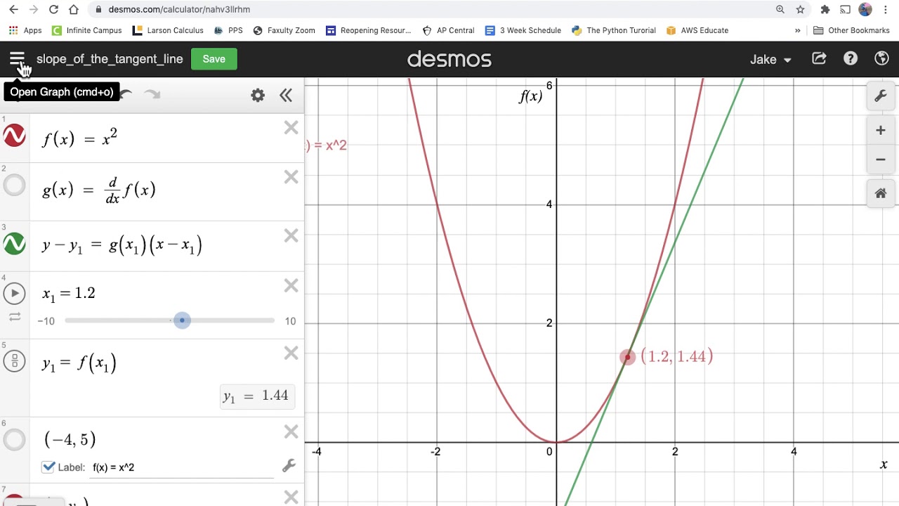 Desmos: Tangent to a function at a point.
