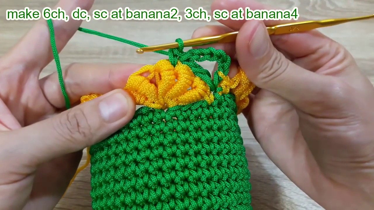 ถักถุงใส่แก้วเยติ ลายกล้วย |Crochet  banana  YETI bag | Eng subtitles(คลิปเดิมเพิ่มSubtitles)