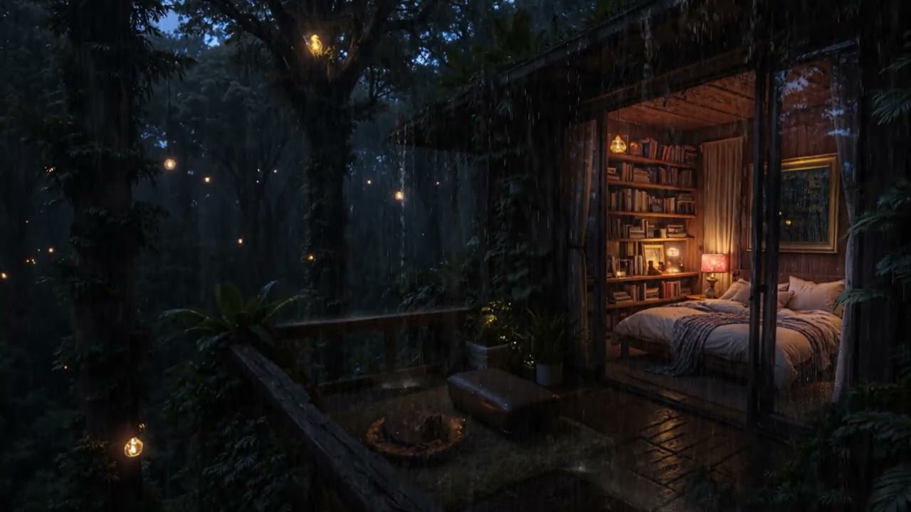 Calm Rain Drumming on a Cabin Roof 🌙🌧️ | Relaxing Night Ambience (4K – No Ads)