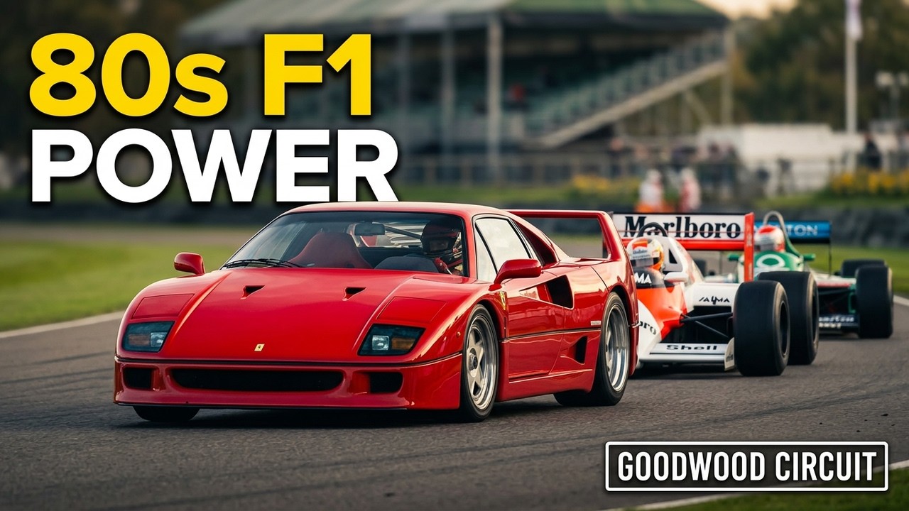 Formula 1 Turbo cars, Senna, Lauda, Prost, Albereto, Arnoux, Patrese, Boutsen, led by a Ferrari F40.