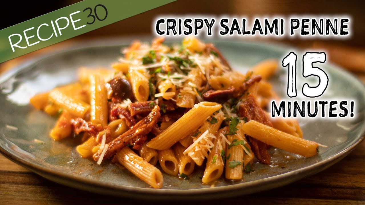 15 minute Crispy Salami and Olive, Tomato Pasta