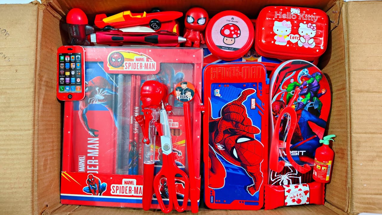 Unboxing Satisfying Red Stationery📚, Pencil Box, Sharpener, Magic Pen, Eraser, Spider Man Kit, Pouch