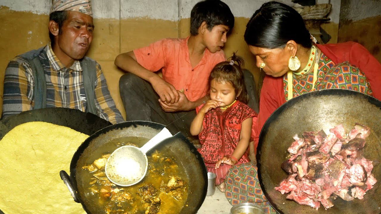 goat mutton soup curry and rice inthe house of dharme brother in rural Nepal
