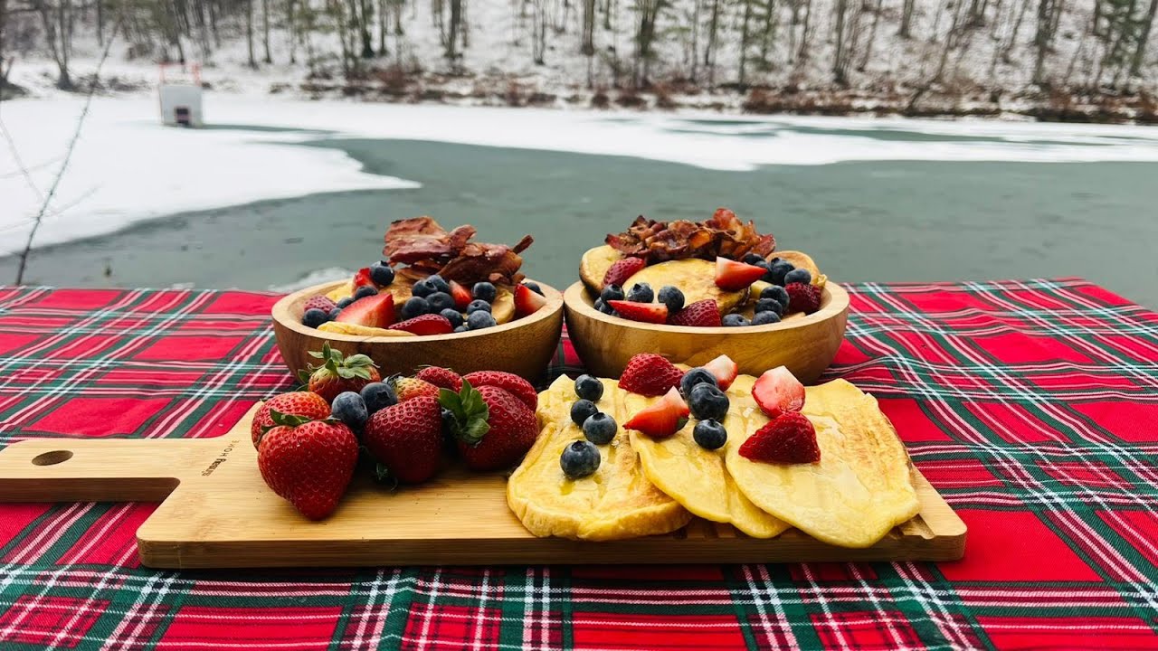 Pancakes with Fruits & Honey by a Frozen Lake