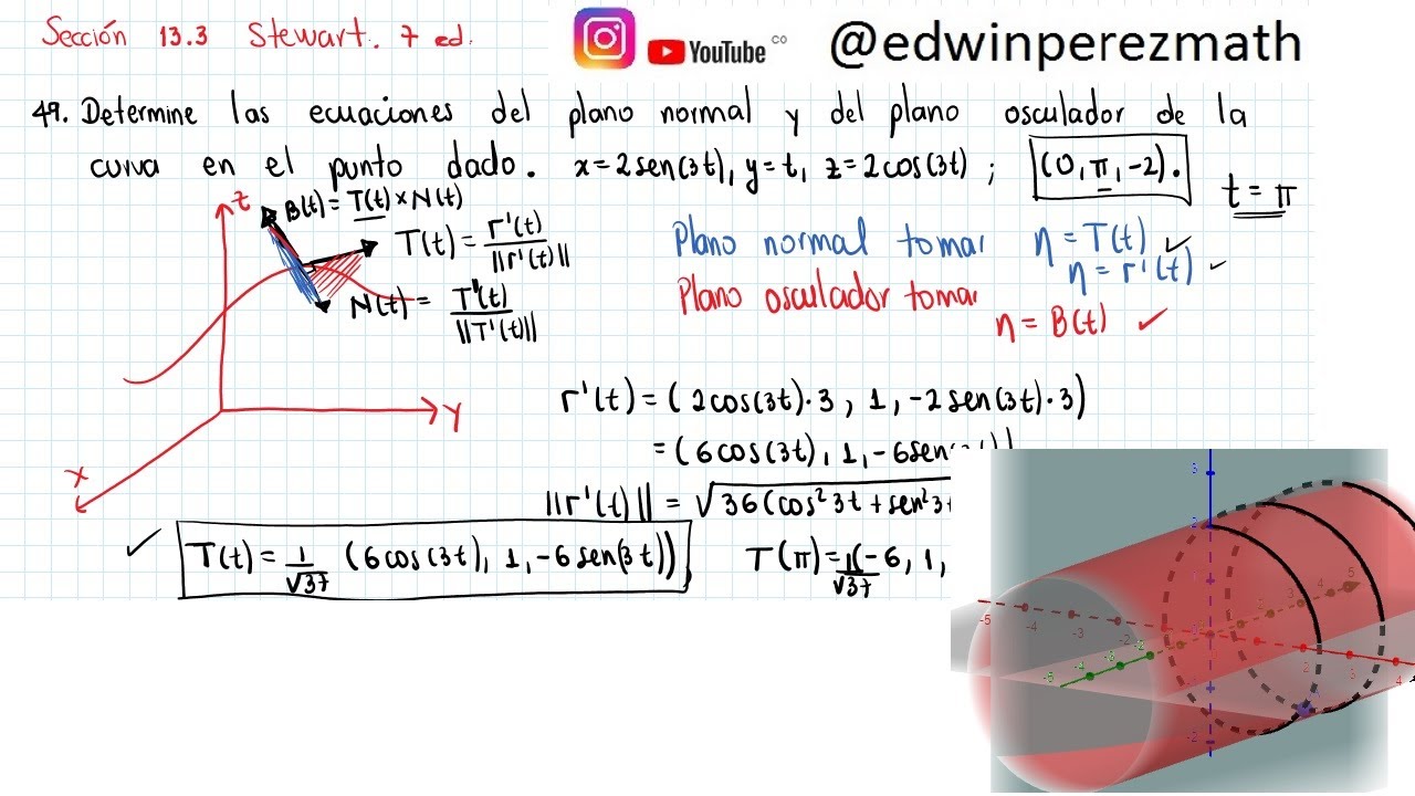 Cálculo Stewart Ej 49 Sección 13.3 Plano normal y osculador de la curva r(t)=(2*sin3t,t,2*cos3t)