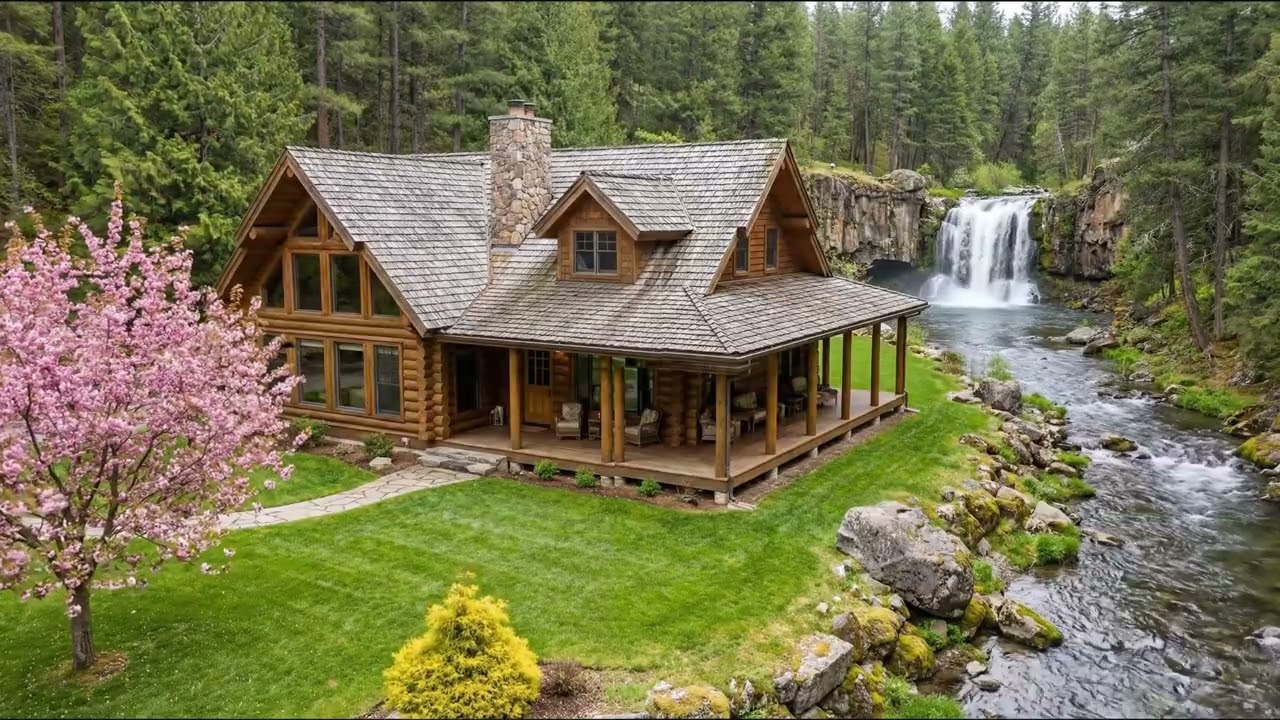 Tranquil Forest Cabin by the Waterfall | Cinematic Nature Ambience