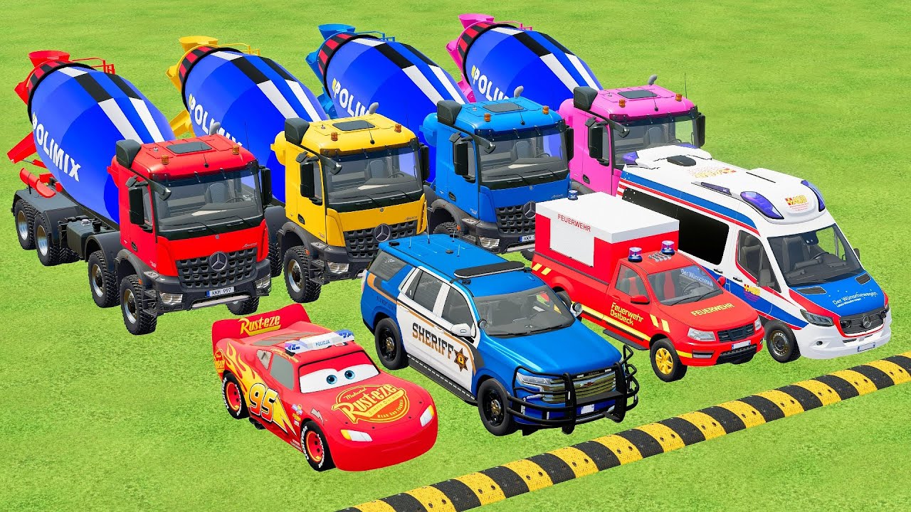 TRANSPORTING CARS, AMBULANCE, POLICE CARS, FIRE TRUCK OF COLORS! WITH TRUCKS! - FS 22