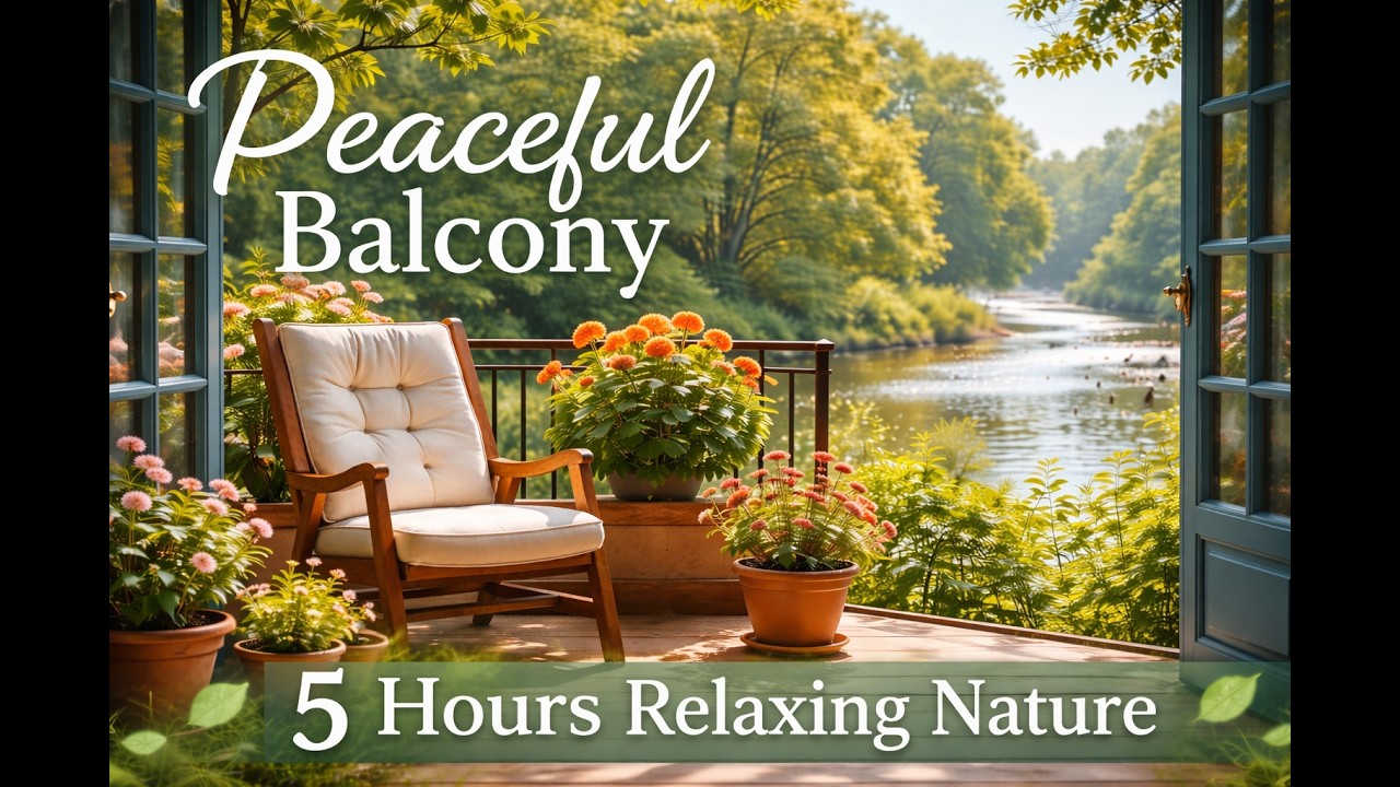 Peaceful Balcony by the River | 5 Hour Relaxing Nature Sounds, jazz music, Birds & Gentle Water Flow