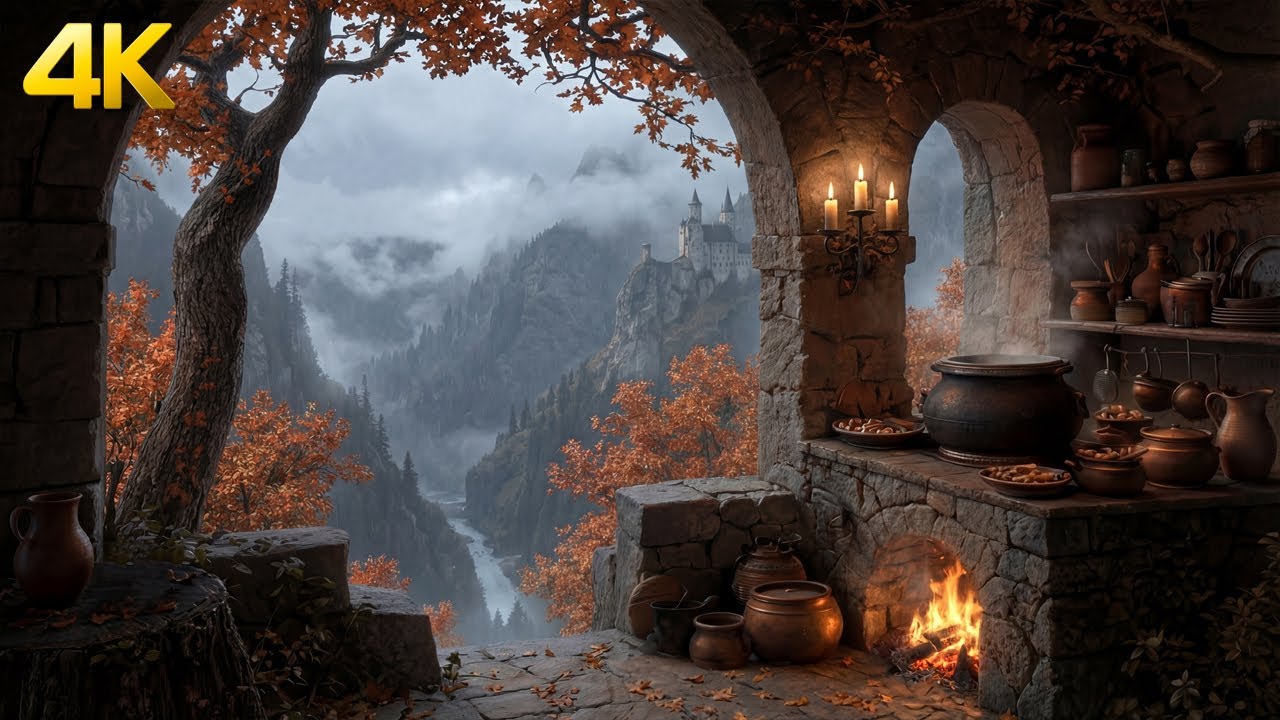 Autumn Mountain Shelter 🍂 Cozy Fireplace & Rain Sounds | Ambience 4K
