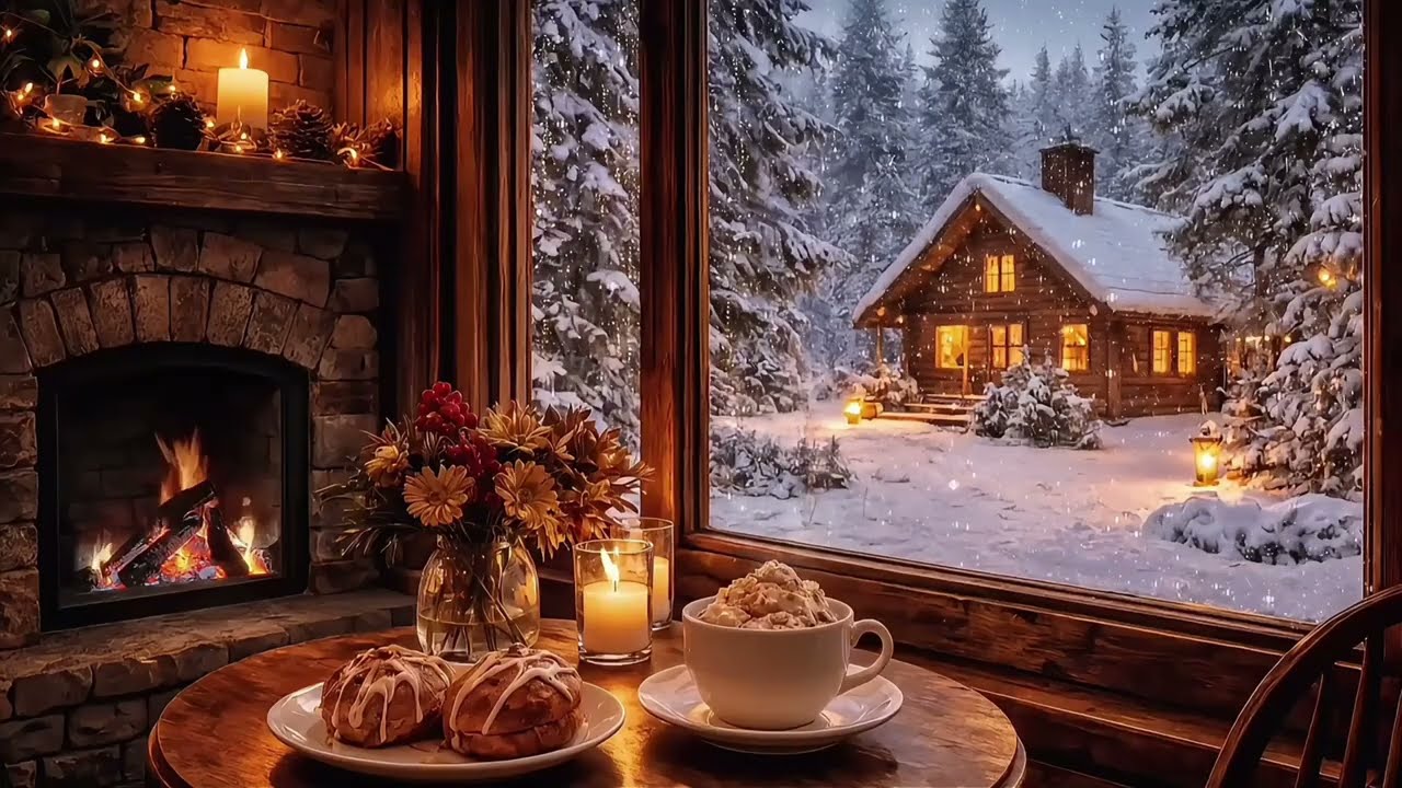 Cozy Winter Jazz Café Ambience ❄️ Fireplace & Snowfall  | Relaxing for Studying, Working & Sleeping