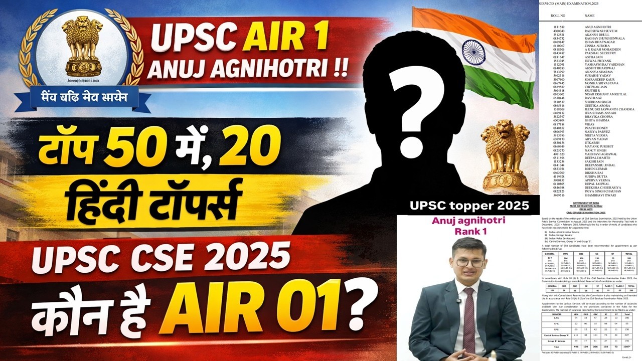 🚨 UPSC CSE 2025 Final Result | AIR 1 Anuj Agnihotri | Top 50 में 20 हिंदी माध्यम टॉपर्स