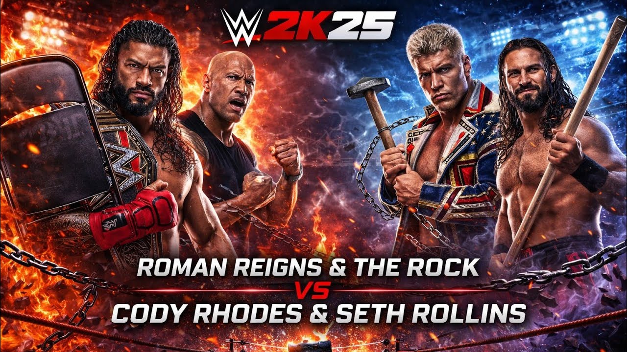 WWE 2K25 Roman Reigns & The Rock Vs Cody Rhodes & Seth's Rollins Match 
