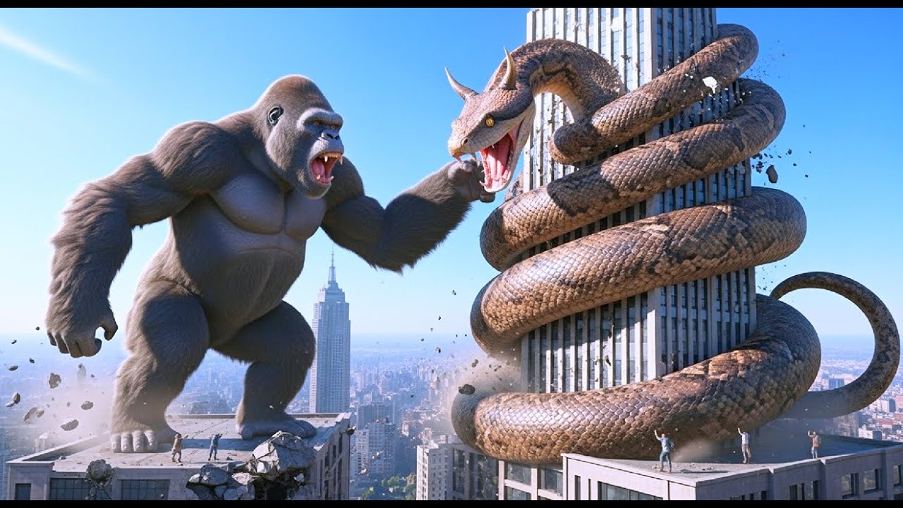 White Giant King Kong Saves Tourists from Giant Horned Blue-Yellow Python