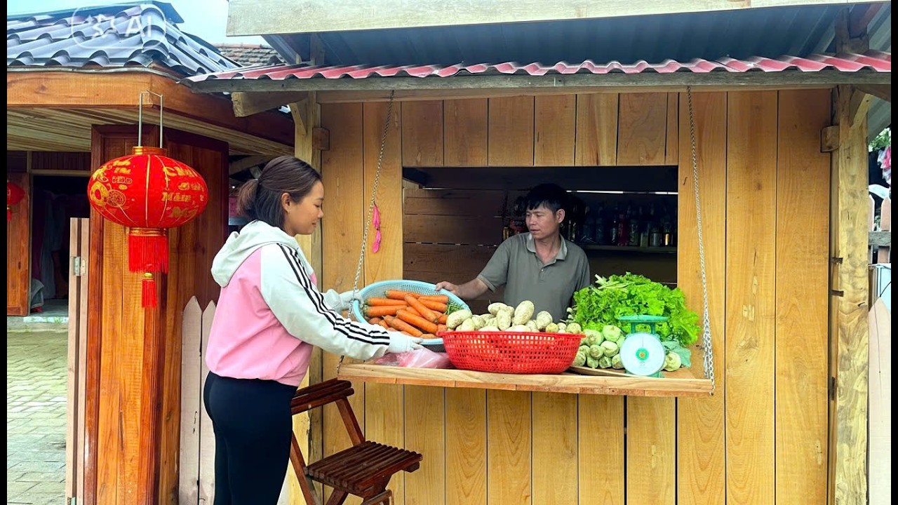 Harvesting a bountiful crop of carrots and radishes from the garden to sell at Mr. KONG's shop.