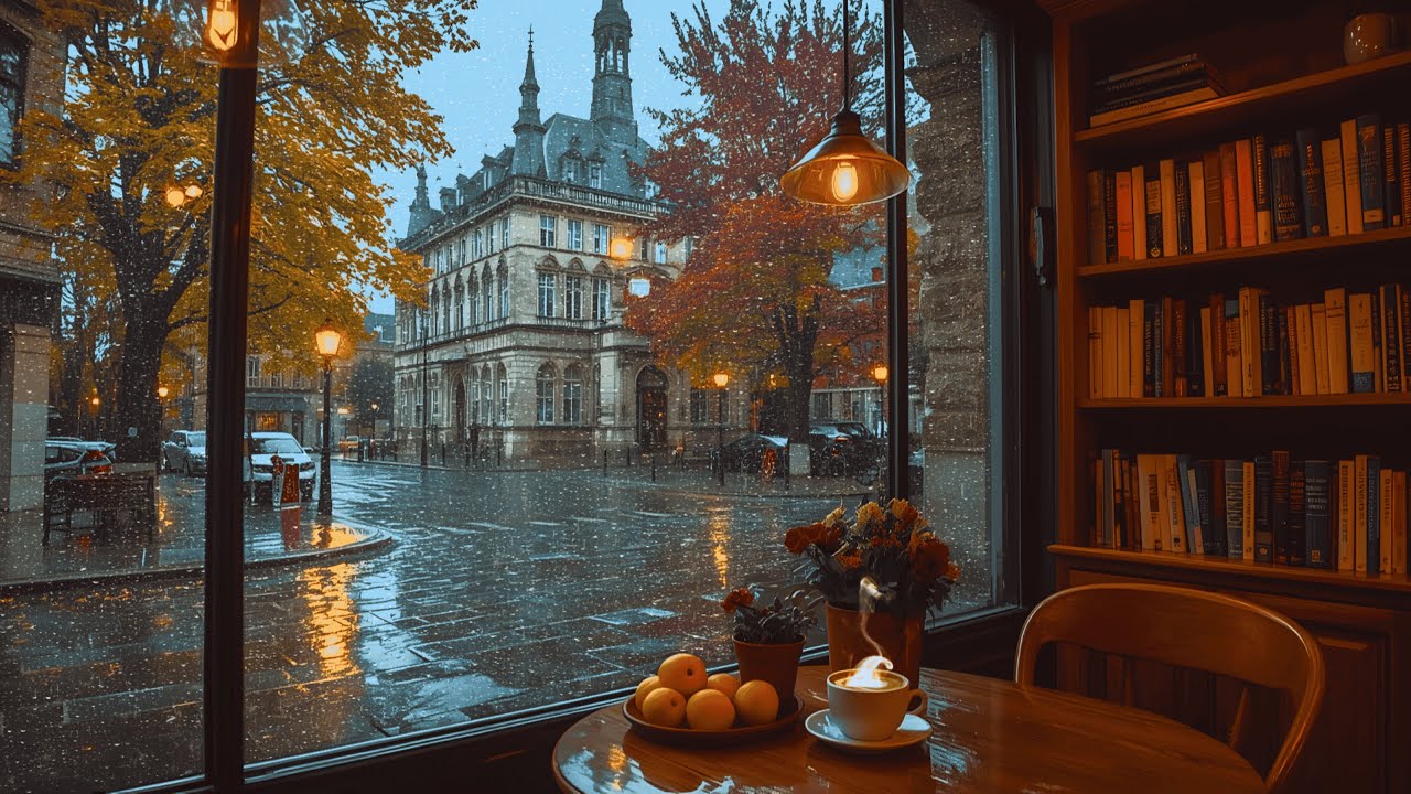 Rainy Coffe Shop Jazz (NO MID-ROLL ADS) – Cozy Fireplace Ambience for Relaxation