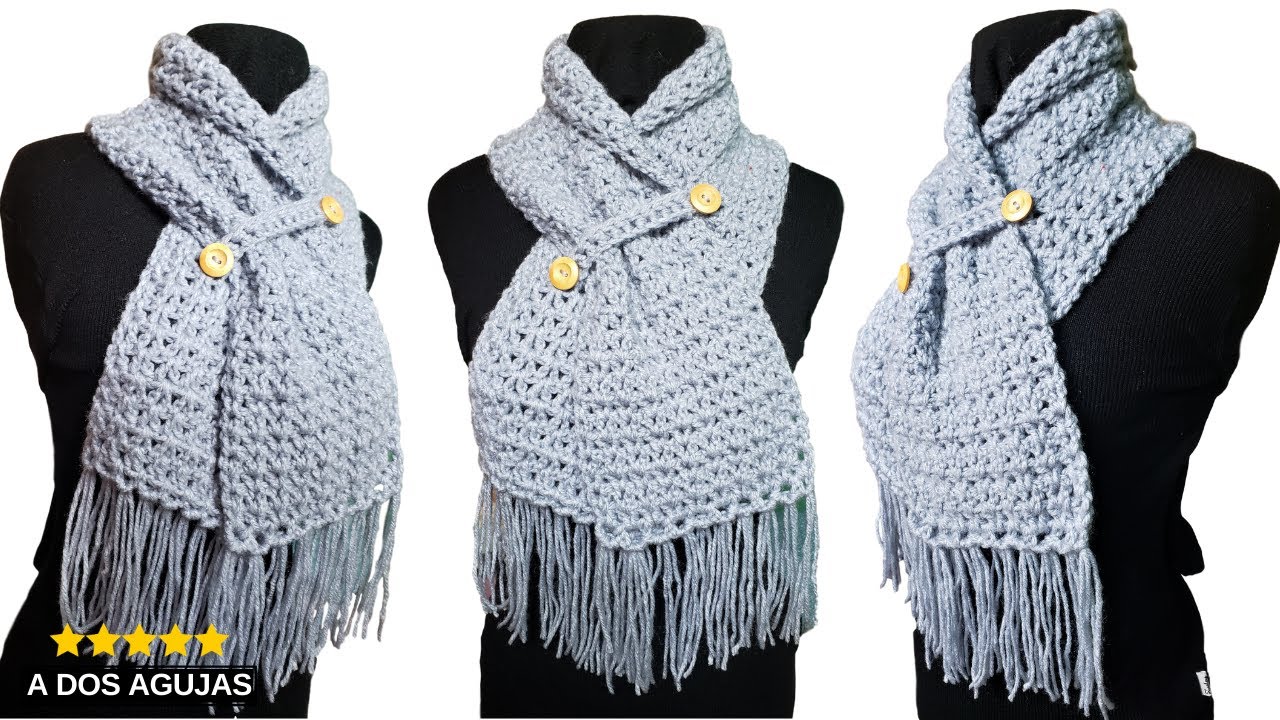 🌈 Bufanda Cuello a Crochet Cruzado con Flecos y Botones ✅ (Todas las Tallas)