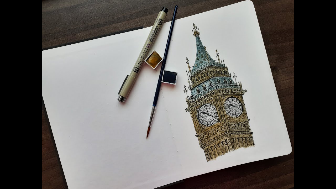 Ink and Watercolor Drawing - Big Ben London