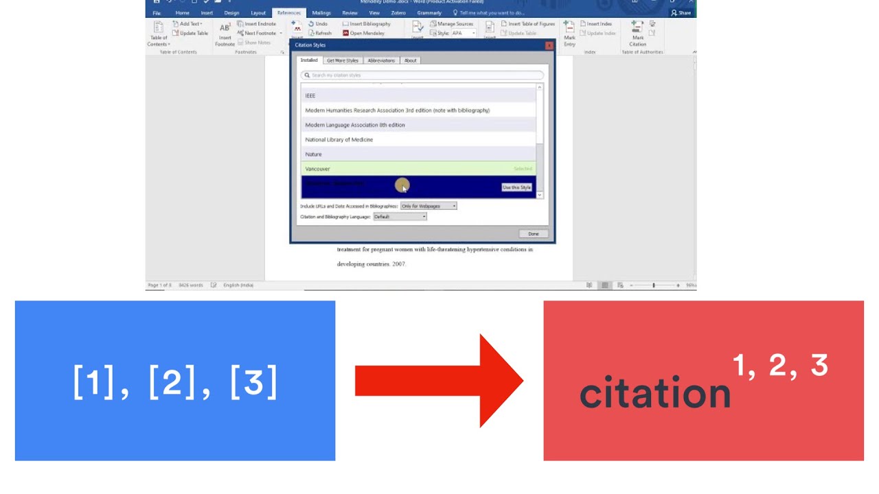 How to change numbers in brackets to superscripts in Mendeley?