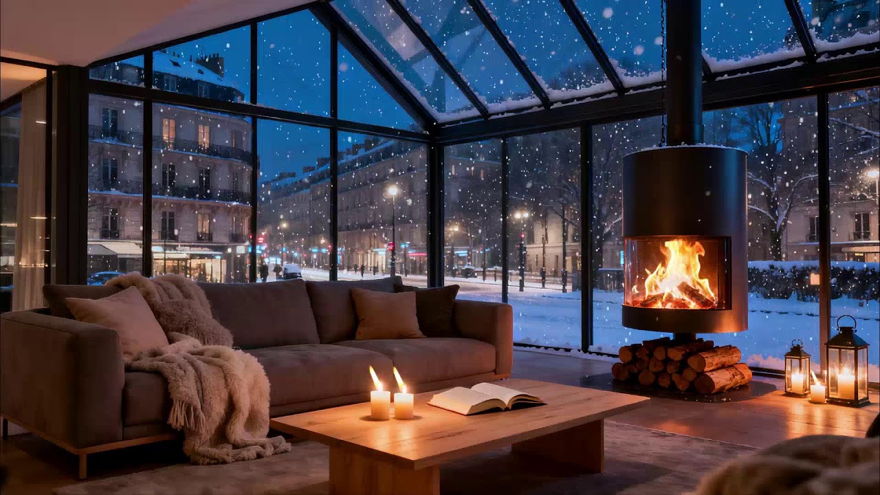 City Snow Beyond the Windows 🔥 Modern Hearth Glow and Evening Peace