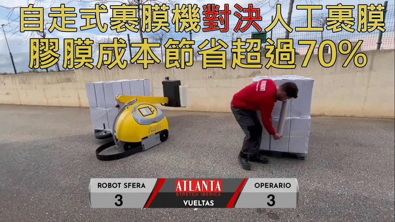 自走式裹膜機vs人工裹膜- 膠膜用量節省超過70%-ATLANTA SFERA–預延伸膜架節省膠膜用量-【移動式裹膜機】,【自動裹膜機】,【自走式裹膜機】,【纏繞膜機】,【棧板裹包機】,【裹膜機器人】