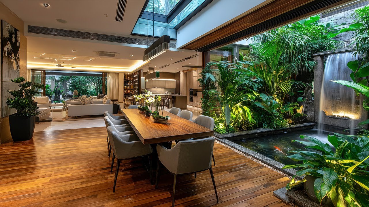 Luxury Dining Room Interior with Skylight, Indoor Garden & Seamless Courtyard Integration