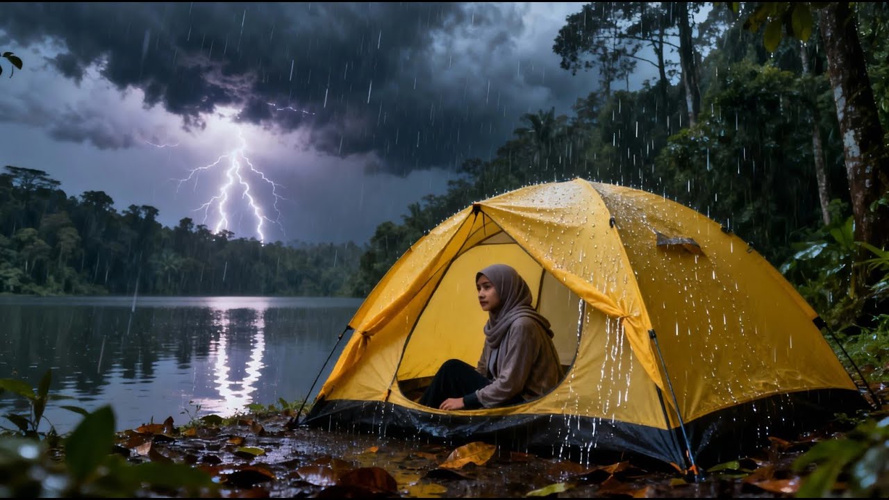 🌧️Solo Camping in Heavy Rain | A Girl Alone enjoy the lakeside ‼ | ASMR