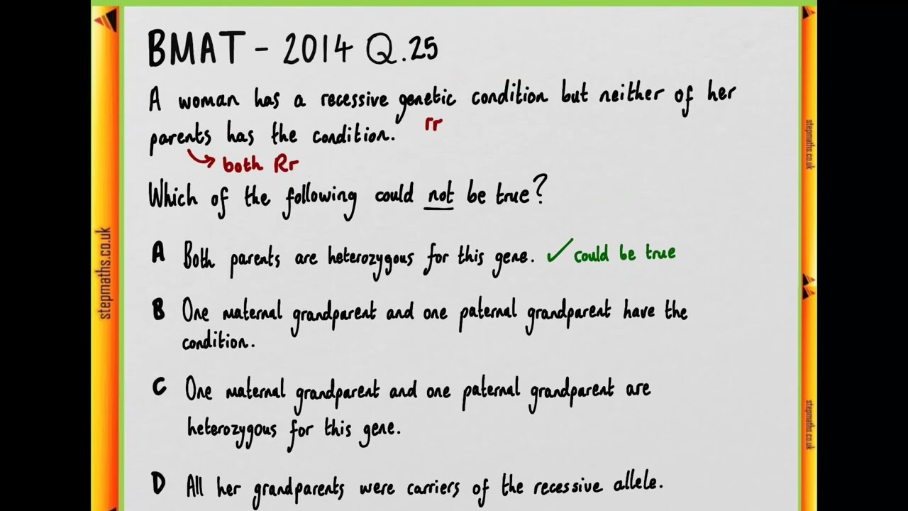 BMAT 2014 Section 2 - Q25 Bio - Recessive allele inheritance - Worked Solution