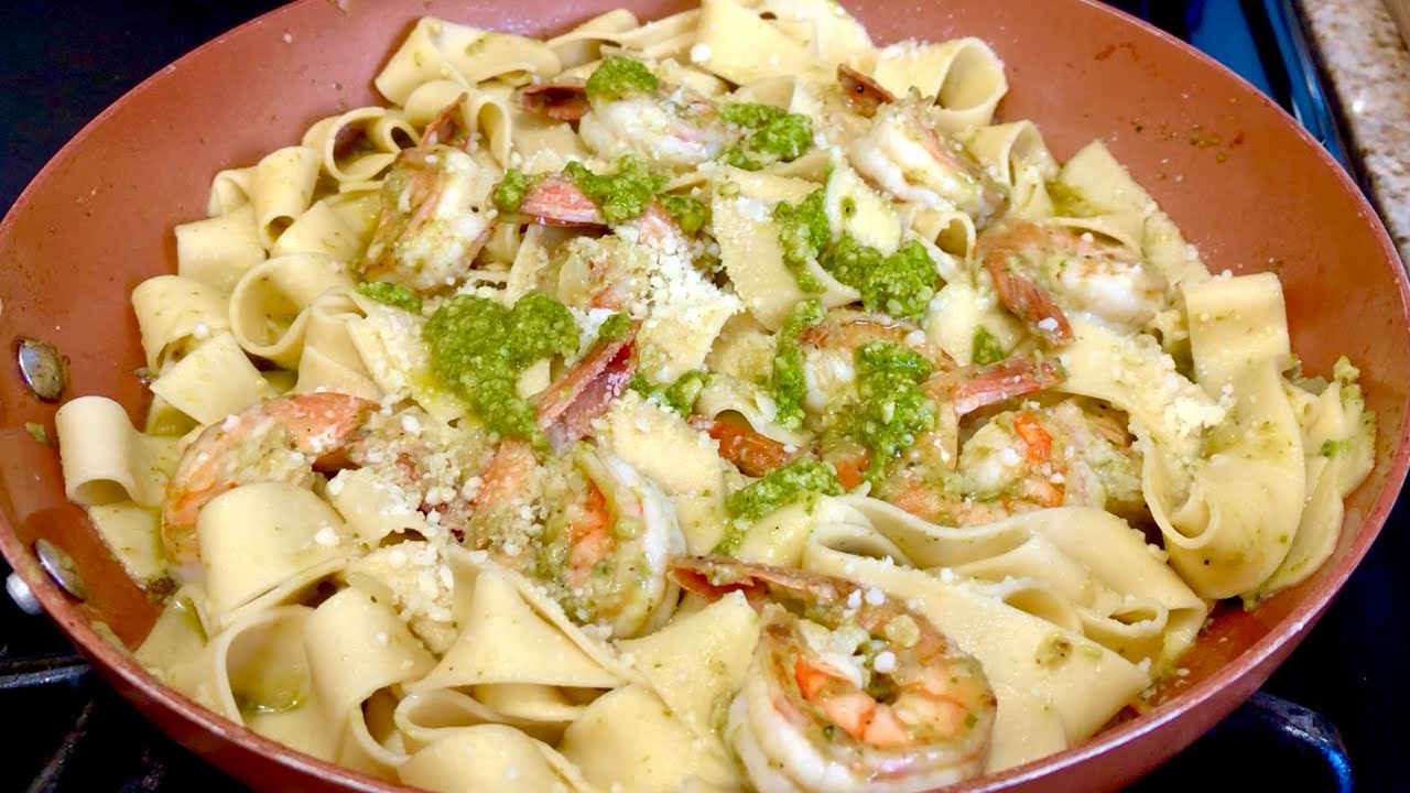 PAPPARDELLE PASTA CON CAMARONES AL PESTO. RIQUÍSIMA. #pasta #cocinadeignacio #cuaresma #camarones